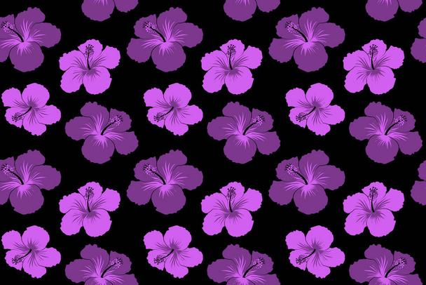Vintage seamless tropical hibiscus flowers. Pattern on a black background in violet colors. - Photo, Image