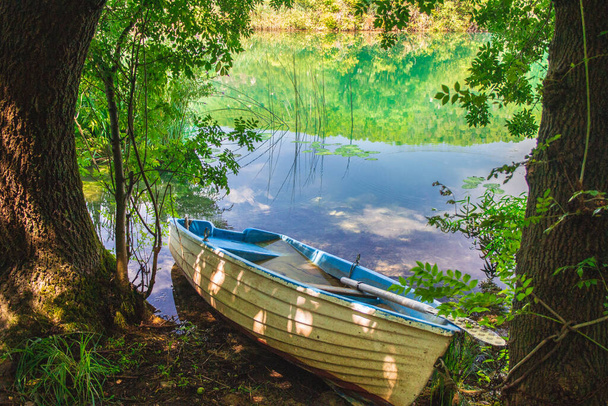Opuszczona łódź na brzegu rzeki w Parku Narodowym Krka w Chorwacji - Zdjęcie, obraz