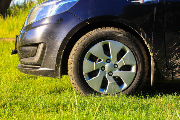 Yeşil çimenlikteki yakın çekimli araba tekerleği: Siyah bir arabada çamur sıçradı - Fotoğraf, Görsel