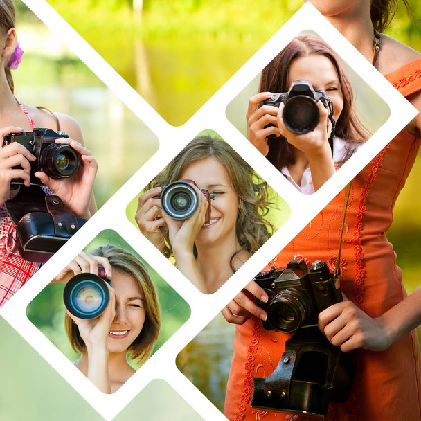 Colagem de fotos Jovens mulheres são fotografadas por uma câmera profissional. - Foto, Imagem