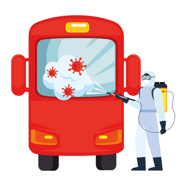 Man with protective suit spraying bus with covid 19 virus vector design - Vector, Image
