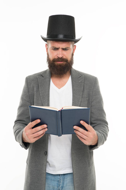 Book of poetry. Bearded man read book. Brutal bookworm isolated on white. Unshaven bibliophile. Reading book. Knowledge and information. Library and bibliotheca. Book shop - Zdjęcie, obraz