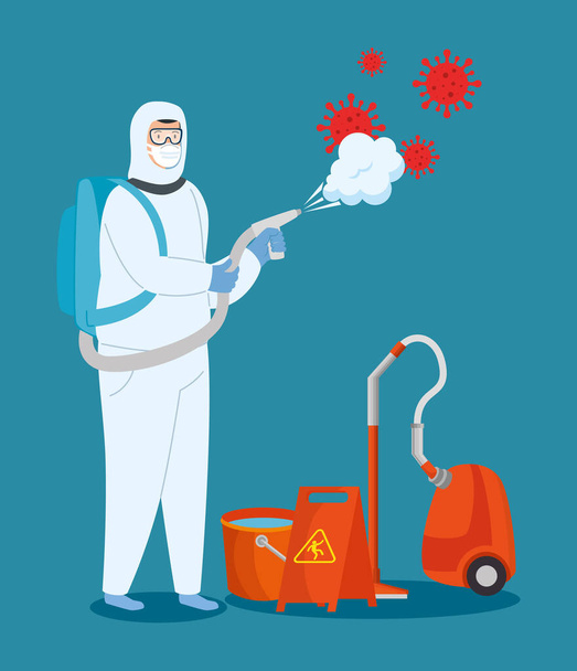 Man with protective suit spraying covid 19 vector design - Vector, Image