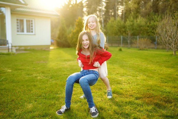 Two cute sisters fooling around together on the grass on a sunny summer day. Children being silly and having fun. Family time. - Photo, image