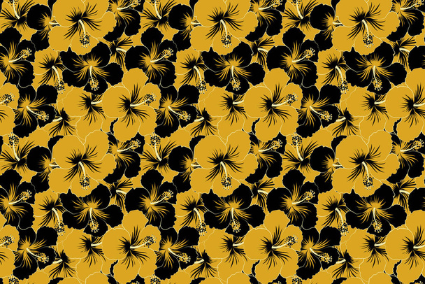 Hibiskusblüten und Knospen retro nahtlose Musterillustration in schwarzen und gelben Farben. - Foto, Bild