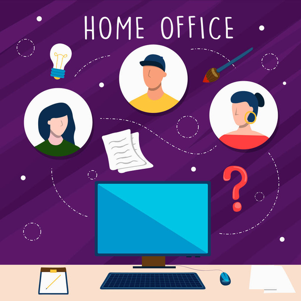 Home office flat cartoon illustration for online business job or work team meeting in quarantine times. Computer desk house workplace with connected people. - Vector, imagen