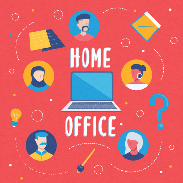 Home office flat cartoon illustration for online business job or work team meeting in quarantine times. Laptop computer at house workplace with diverse people. - Vector, Image