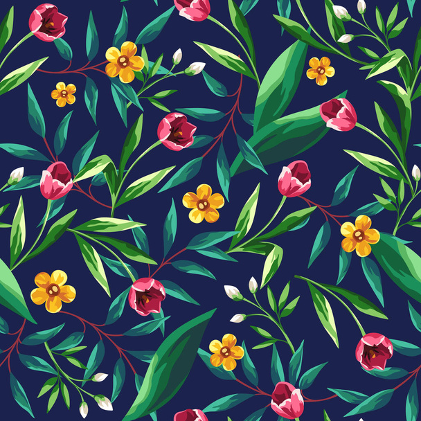 Vector seamless pattern with pink, yellow and white flowers and green leaves on a dark blue background. - Vektor, Bild