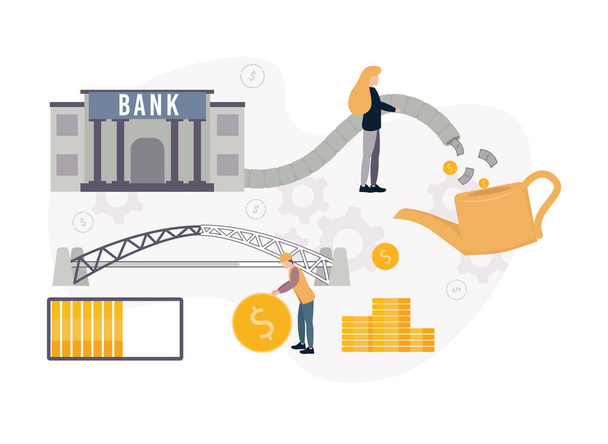 Lending to state infrastructure projects. Illustration of a bank through the pipeline, banknotes and coins come in, pour in a watering can, under which there is a stack of coins - Vector, Image