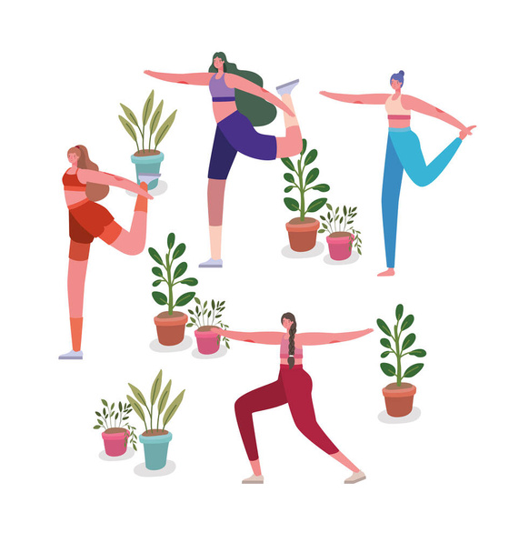 Жінки зі спортивним одягом роблять йогу з рослинами всередині горщиків Векторний дизайн
 - Вектор, зображення