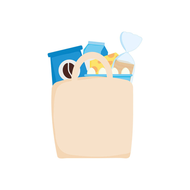 eco bevásárló táska szupermarket élelmiszeripari termékekkel, részletes stílus - Vektor, kép