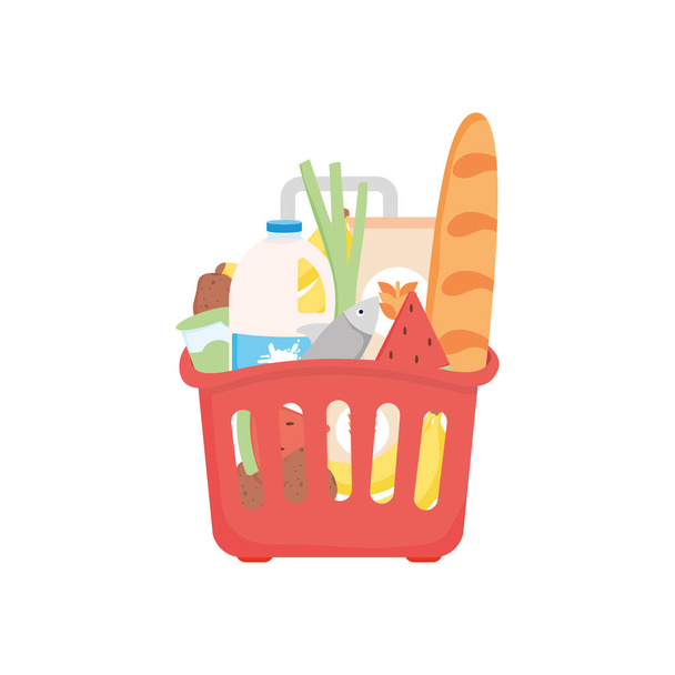 supermarket basket with food and bottles, detailed style - Вектор, зображення
