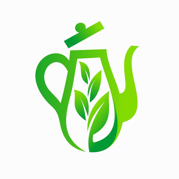 Τσαγιέρα λογότυπο με φύλλα τσαγιού - Διάνυσμα, εικόνα