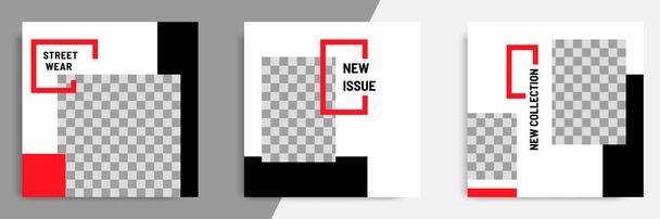 ブラックレッドホワイトのフレームカラーでミニマルなデザインの背景ベクトルイラスト。ソーシャルメディアの投稿、物語、物語、チラシのための編集可能な正方形の抽象的なヴィンテージ、幾何学的なストリップライン形状のバナーテンプレート. - ベクター画像