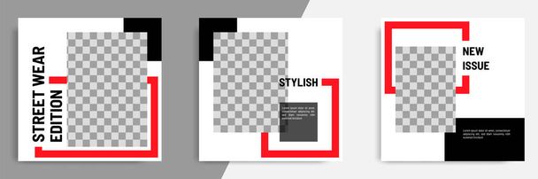 Illustrazione vettoriale di sfondo dal design minimale in colore bianco rosso nero. Editable square abstract vintage, modello di banner geometrico a righe per post sui social media, storie, storia, volantino
. - Vettoriali, immagini