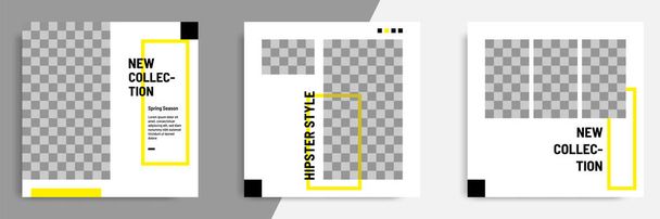 Plantilla de banner geométrico cuadrado minimalista / minimalista para publicación en redes sociales. Color de fondo negro, amarillo y blanco
. - Vector, Imagen