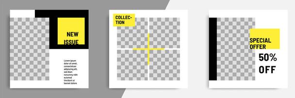 Plantilla de banner geométrico cuadrado minimalista / minimalista para publicación en redes sociales en color de fondo negro, amarillo y blanco
. - Vector, imagen