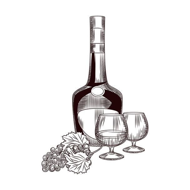 Kézzel húzott konyakos üveg és egy csomó szőlő. Egy üveg brandy és szőlő vázlat elkülönítve fehér alapon. Gravírozási stílus. Étlap, kártya, poszter, nyomat, csomagolás. Vektorillusztráció - Vektor, kép