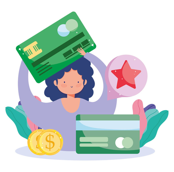 online-maksu, tyttö pankkikortilla luotto ja rahaa, verkkokauppa ostoksia, mobiilisovellus - Vektori, kuva