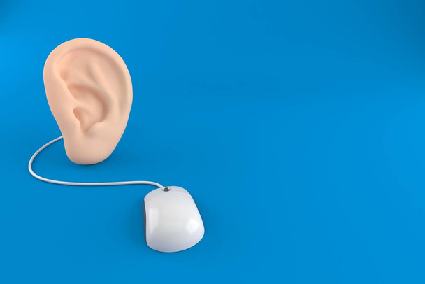 青い背景にコンピュータマウスで隔離された耳。3Dイラスト - 写真・画像