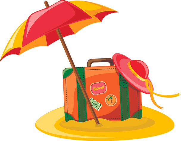 Travel background, umbrella, hat and suitcase - Vector, Imagen