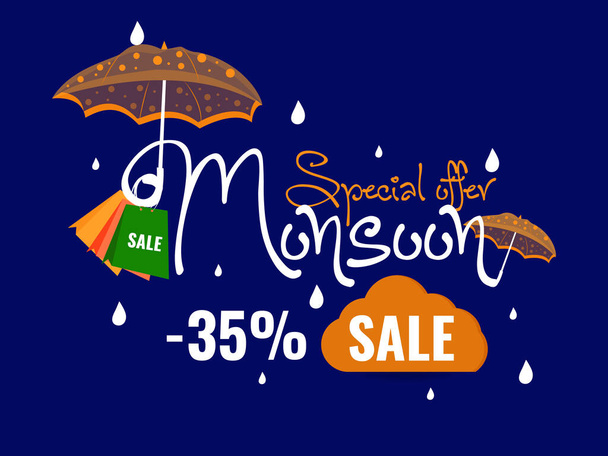 Happy Monsoon sezónní prodej se speciální nabídkou s velkou slevou. Použijte kupon kód a získejte slevu. Nakupovat online. Šablona, logo, banner sociálních médií, plakát, leták, prodej, odznaky, set, emblémy. - Vektor, obrázek