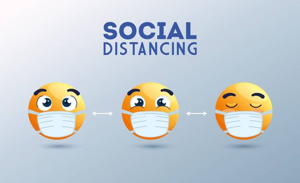 Emojis mit medizinischen Masken, mit Pfeilen der sozialen Distanzierung, Symbole für den Ausbruch des 19 Coronavirus - Vektor, Bild