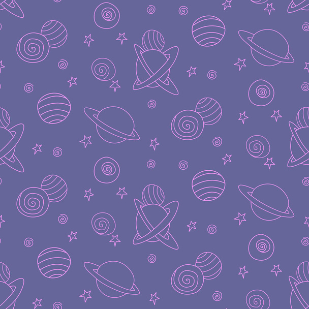 Baby space seamless pattern. Cartoon blue pink purple outline planets and stars. Vector cosmic background and texture. For kids design, fabric, wrapping paper, wallpaper, textile, apparel. - Vector, Image