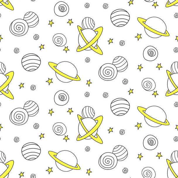 Baby seamless pattern. Cartoon planets and stars in space. Vector Cosmic background and texture. For kids design, fabric, wrapping paper, wallpaper, textile, apparel. - Vector, Image