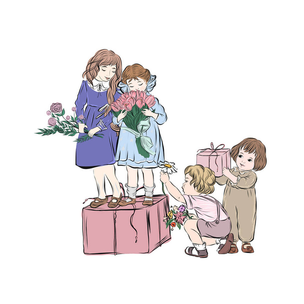  Boys and dog give gift and flowers to girls. Flat figures children for print greeting cards for birthday or international women's day.  - Vector, imagen