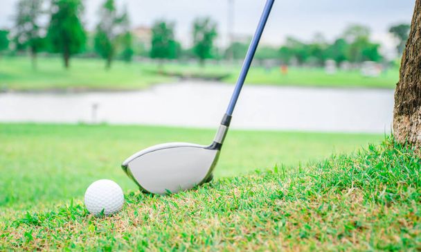 Golf i białe piłeczki golfowe na zielonych trawnikach, sporty na świeżym powietrzu - Zdjęcie, obraz