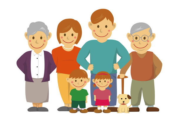Šťastná rodinná vektorová ilustrace / s prarodiči - Vektor, obrázek