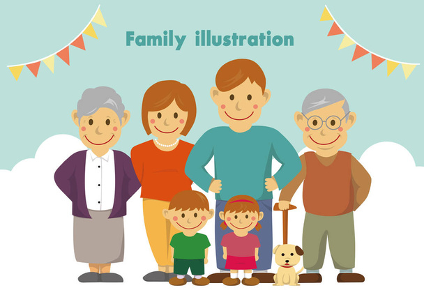 Glückliche Familienvektor-Illustration / mit Großeltern - Vektor, Bild