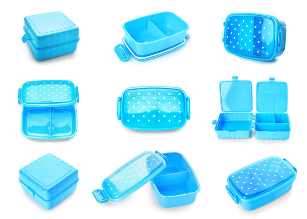 Plastic lunch boxes on white background - Photo, Image
