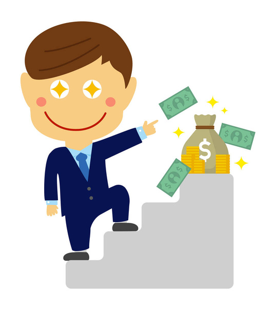 misvormde cartoon zakenman illustratie van het gaan de trap op gericht om geld te krijgen (aziatische werknemer) - Vector, afbeelding