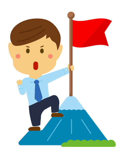 Bir iş adamının (Asyalı, Japon, Koreli) dağın tepesinde bayrak tutuşunun karikatür çizimi. iddialı ifade  - Vektör, Görsel