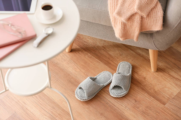 Pair of soft slippers on floor - Zdjęcie, obraz