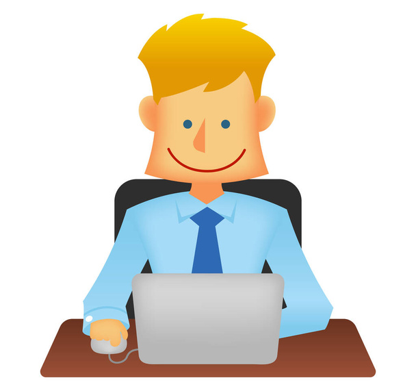 Young business person vector flat illustration (upper body) / working with a laptop computer - Vector, Image