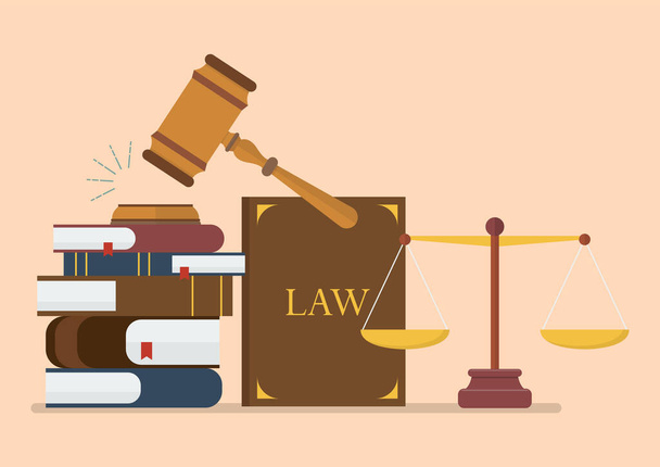 Концепция закона и справедливости. Весы правосудия, молоток и книга. Векторная иллюстрация
 - Вектор,изображение