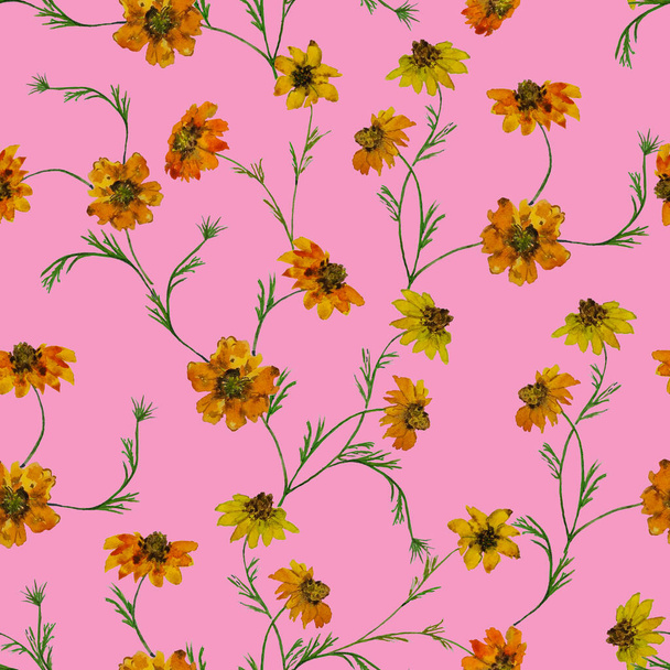Floral seamless pattern with watercolor marigold flowers. Botanical wallpaper. Floral textile design. Vintage summer seamless pattern. - Fotó, kép