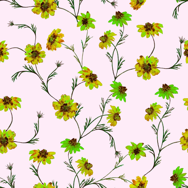Floral seamless pattern with watercolor marigold flowers. Botanical wallpaper. Floral textile design. Vintage summer seamless pattern. - 写真・画像