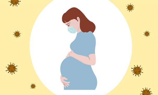 赤ちゃんの心配子宮の中でコロナウイルス危機(Covid-19)が広がっています。マスクを着用し、感染した人々から離れて滞在することによって保護します. - ベクター画像