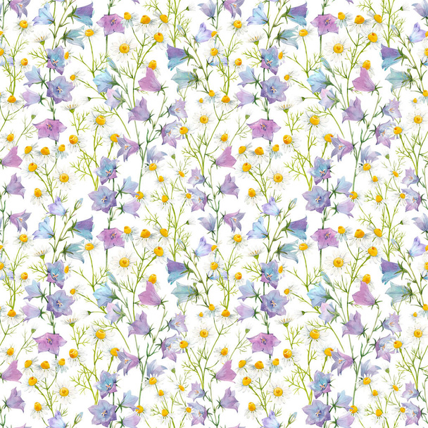 Beautiful seamless floral pattern with watercolor gentle summer bluebell and chamomile flowers. Stock illustration. - Φωτογραφία, εικόνα