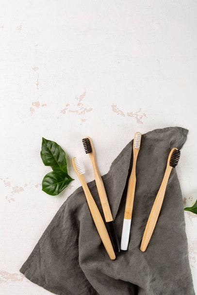 Natural eco bamboo toothbrushes top view, zero waste and sustainable lifestyle - 写真・画像