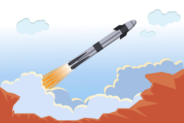American ship. A flat launch ship with an astronaut capsule. Rocket launch. Clouds of smoke. Cosmodrome. Spaceship. International Space Station, flight. Flat style vector illustration. - Vector, Image