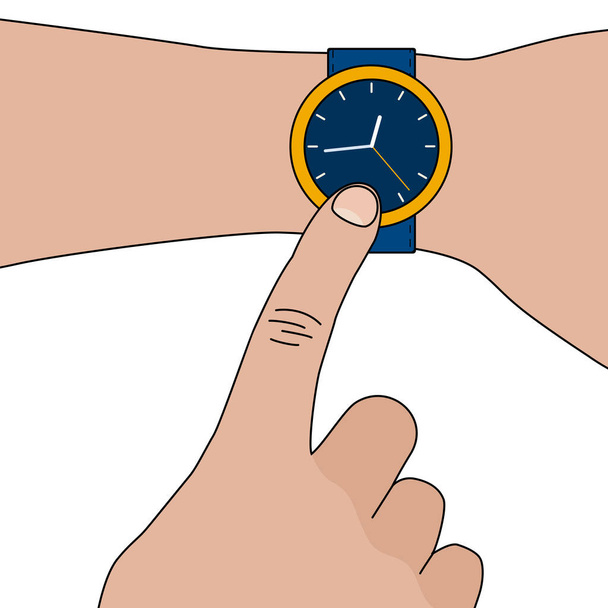 Simple yellow stylish wristwatch with blue strap without numerics on hand. Vector flat illustration - Vektori, kuva