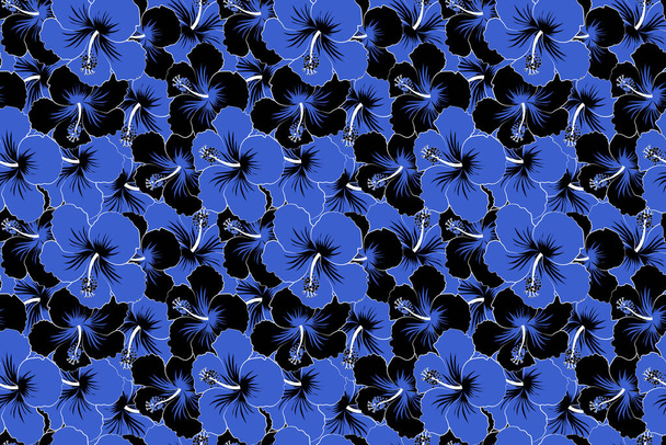 Hibiscus flower seamless pattern in black and blue colors. - Zdjęcie, obraz