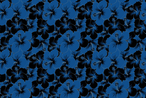 Trendy seamless floral pattern. Illustration with many black and blue hibiscus flowers. - Foto, Bild