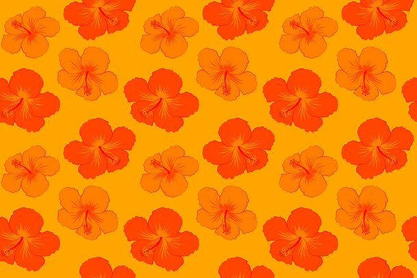 Hibiskusblüten und -knospen retro nahtlose Illustration auf gelbem Hintergrund. - Foto, Bild