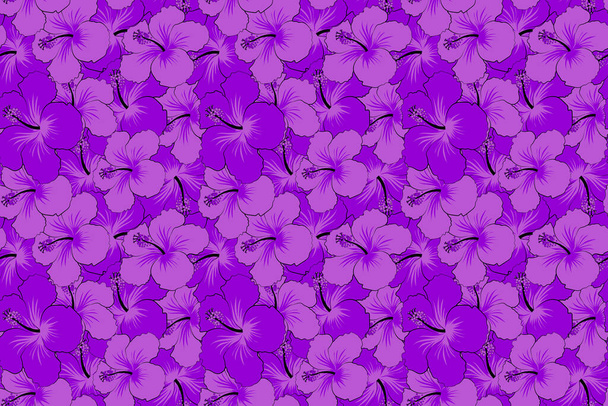 紫の色で様式化されたハイビスカスの花とシームレスな花パターン. - 写真・画像